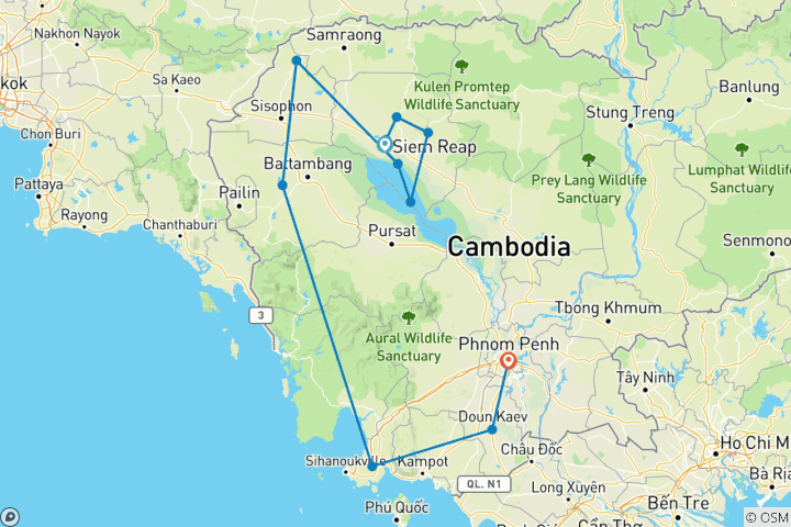 Kaart van Ontdek Cambodja 12 daagse tour van alle hoogtepunten naar stranden