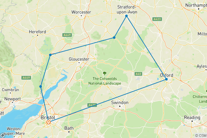 Carte du circuit 2 jours d'enchantement en Angleterre et au Pays de Galles : Stratford et Oxford au départ de Bristol