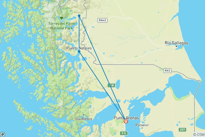 Carte du circuit Entre fjords et sommets : Puerto Natales et les Tours du Paine