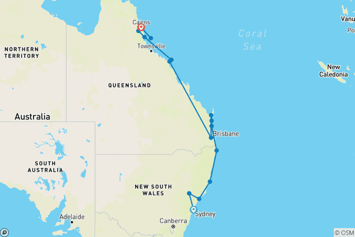 Map of Sydney to Cairns - 14 Day Boutique Tour