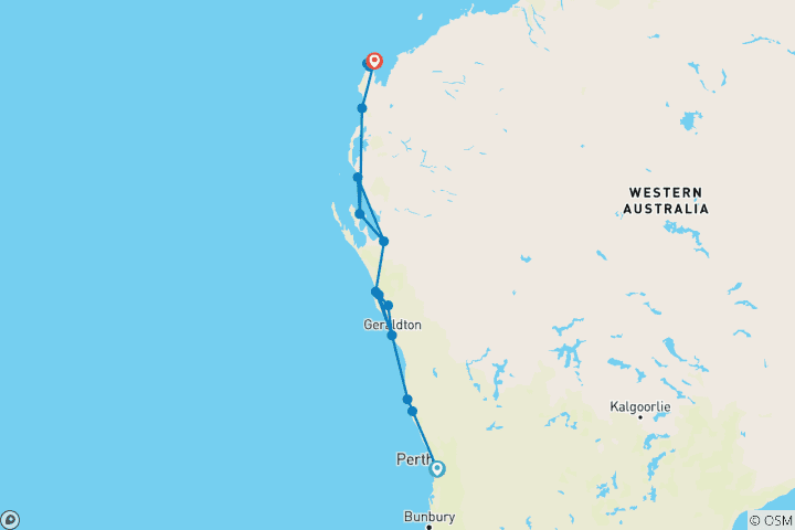 Carte du circuit Circuit « Comfort » de 8 jours de Perth à Exmouth avec le récif de Ningaloo (PX8)