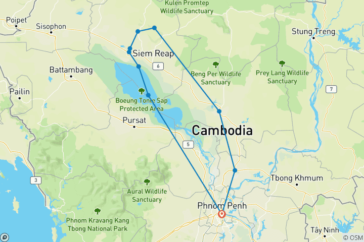 Karte von Kambodscha Highlights: 8 Tage Privatreise Rundreise von Phnom Penh nach Siem Reap