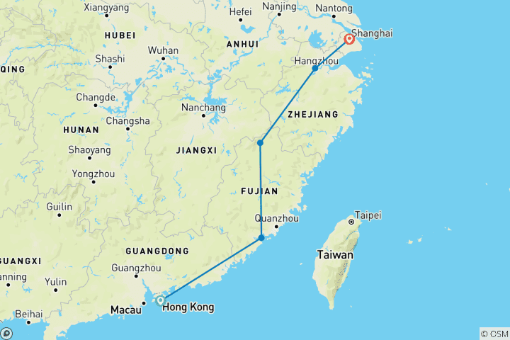 Karte von Wunderschönes Südchina: Hongkong, Xiamen, Tulou, Wuyishan, Hangzhou, Xitang & Shanghai - 14 Tage