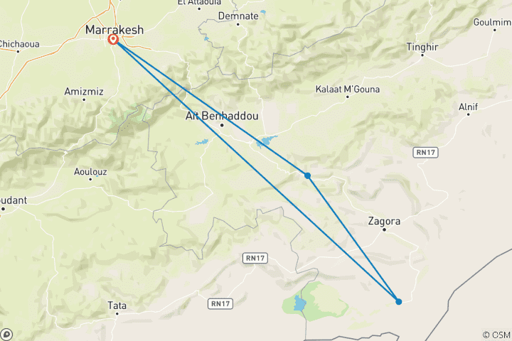 Carte du circuit Voyage dans le désert de Marrakech - Randonnée dans les dunes de Chigaga à dos de chameau et surf sur sable