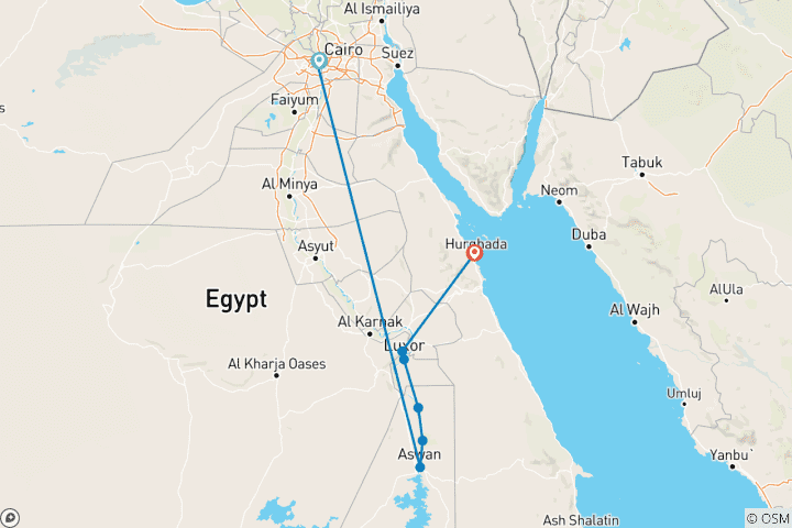 Kaart van Ontdek de oude wonderen van Egypte – piramides, GEM, Nijlcruise & Hurghada – 10 dagen