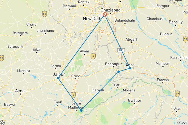 Carte du circuit Circuit de 7 jours dans le Triangle d'Or avec Ranthambore (parc national) en voiture depuis New Delhi