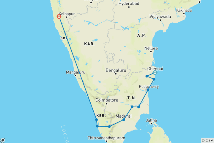 Mapa de Viaje al sur de la India con Goa y los Santuarios de vida salvaje de Periyar todo incluido
