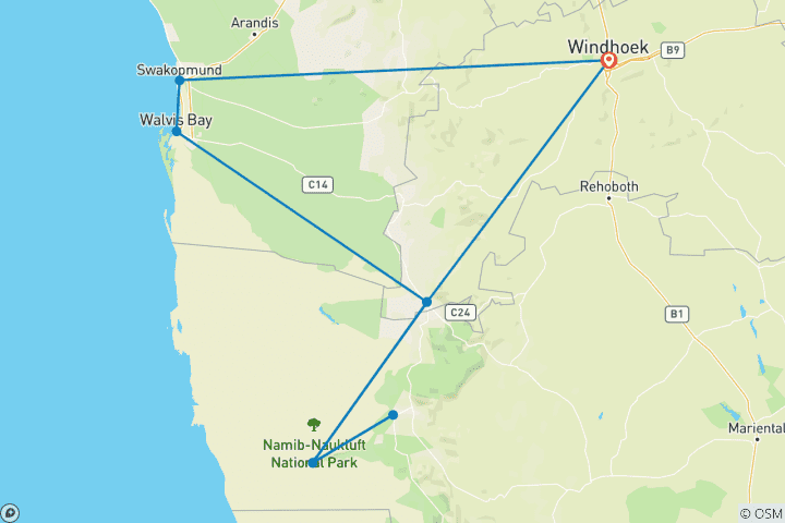 Map of Namibian Adventure (Comfort) 4 Days / 3 Nights