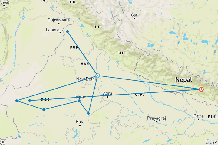 Map of 21 Days of India and Nepal(ALL INCLUSIVE)