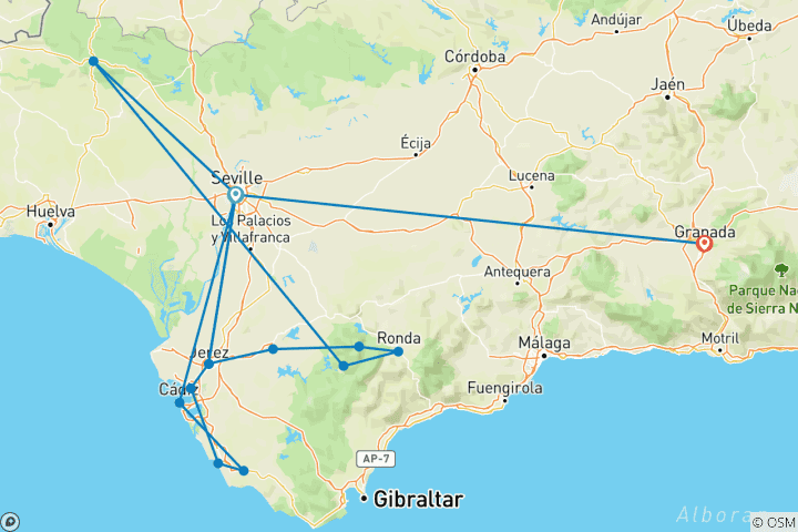 Carte du circuit La Route du jambon ibérique et les « Pueblos Blancos » - L'Andalousie merveilleuse : une architecture traditionnelle envoûtante et une cuisine fabuleuse (croisière de port à port) (de Séville à Grenade)