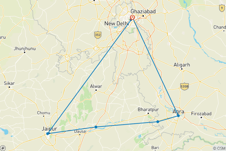 Map of India’s Golden Triangle: DELHI, JAIPUR & AGRA - 7 days