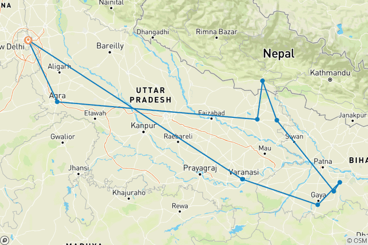 Mapa de Viaje de peregrinación budista de 9 días por India y Nepal: Un viaje de Iluminación