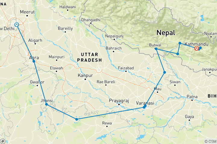 Carte du circuit Voyage en Inde du Nord et au Népal