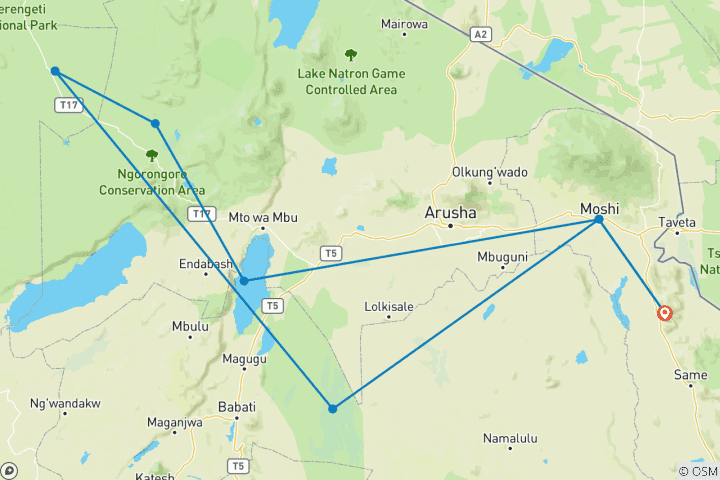 Carte du circuit Safari dans le nord de la Tanzanie. - L'hébergement et le transport sont inclus.