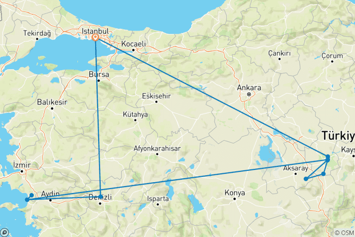 Kaart van De culturele driehoek van Turkije – 8 dagen (5 sterren)