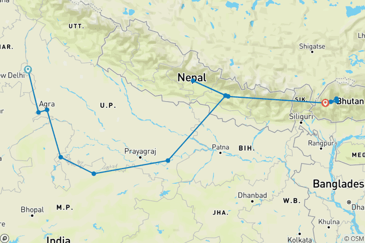 Map of India and Nepal with Bhutan