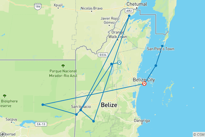 Carte du circuit Récifs et ruines du Belize