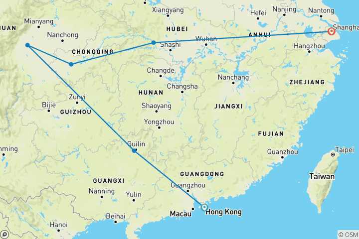 Karte von Südchina: Hongkong, Guilin, Chongqing, Drei Schluchten & Shanghai - 12 Tage