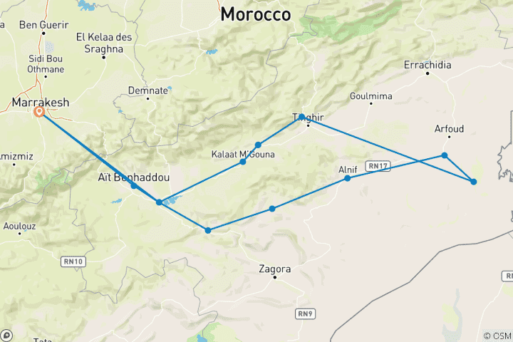 Mapa de Excursión de 3 días a Merzouga por el desierto de Marrakech