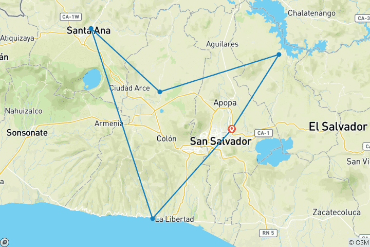 Mapa de Viaje familiar personalizado de 6 días a El Salvador, con salida diaria y guía y coche privados