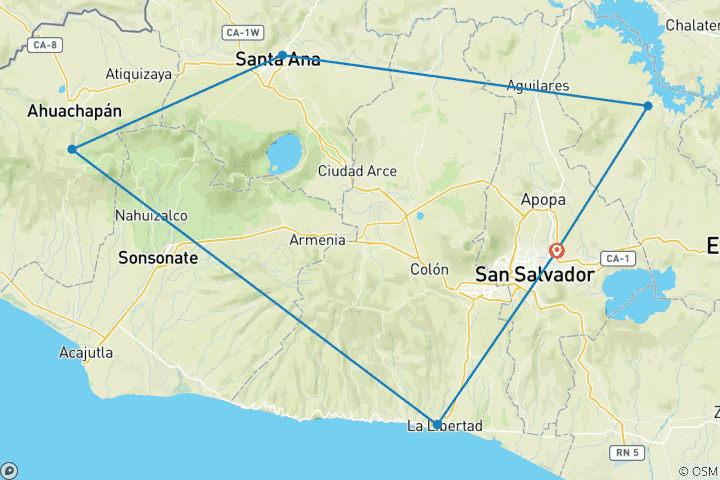 Mapa de Tour Privado a Medida de 8 Días por lo Mejor de El Salvador, Salida Diaria y Coche Exclusivo