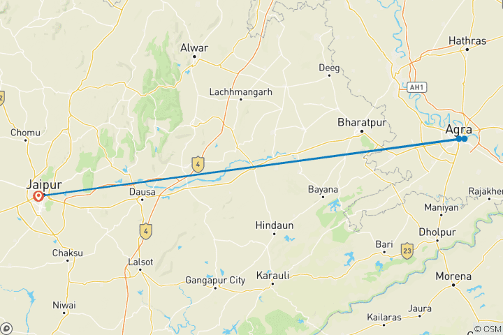 Kaart van Vanuit Jaipur: Taj Mahal en Agra Fort Tour met eigen auto