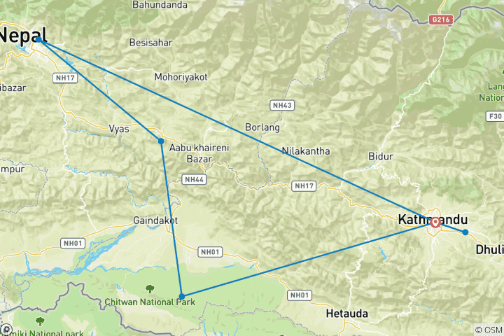 Karte von Nepal Goldenes Dreieck Tour: Kathmandu, Chitwan, Pokhara und Bandipur