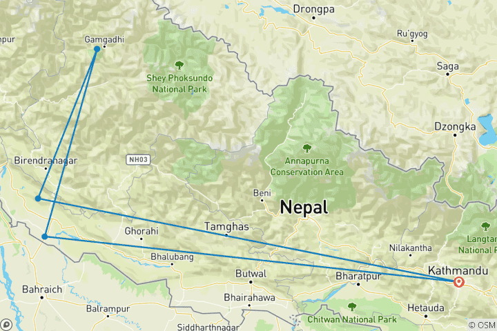 Karte von Tempel, Tiger & Nepals größter Rara See