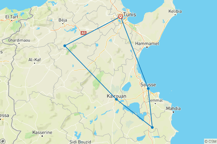Kaart van 5-daagse Tunesië Culturele familiereis op maat, dagelijks vertrek & privé-auto