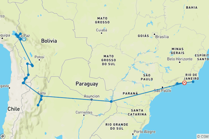 Carte du circuit De La Paz à Rio en passant par Uyuni et Iguazu - 22 jours