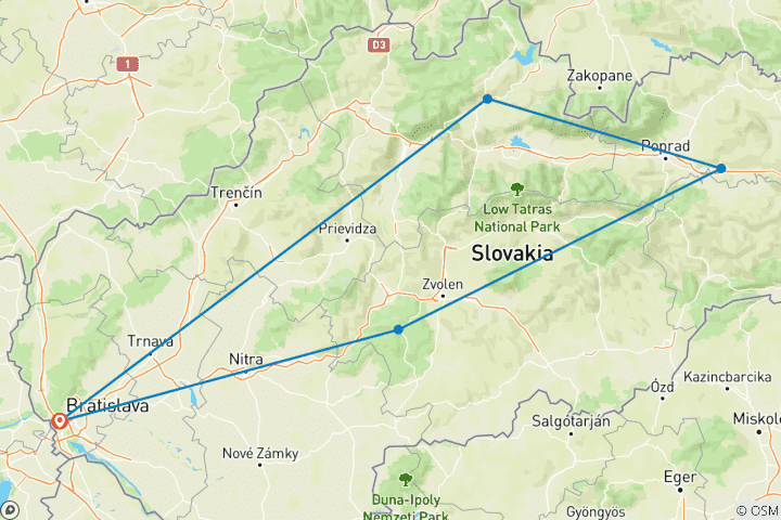 Mapa de Tour Privado de Eslovaquia de 6 Días Hecho a Medida, Salida Diaria y Guía y Coche Exclusivos