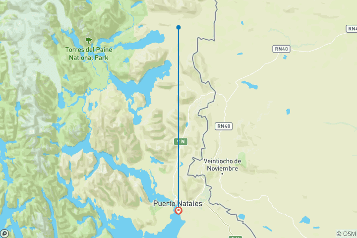 Mapa de W-Trek Estándar con Glaciar Grey + Puerto Natales (7 días)