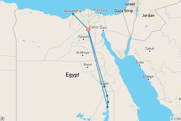 Carte du circuit L'expérience égyptienne ultime : Circuit de 10 jours tout compris avec le GEM du Caire, la croisière sur le Nil, Alexandrie et Safari (Abou Simbel et montgolfière)