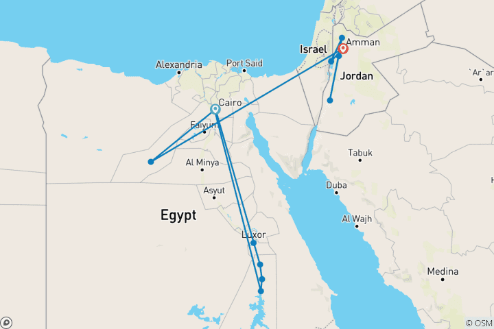 Map of Egypt and Jordan Charms: 14-Day Tour with, Nile Cruise, White Desert, Petra and Dead Sea