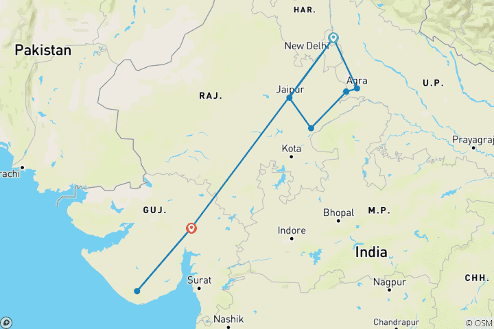 Carte du circuit Circuit du triangle d'or de l'Inde avec tigres et lions asiatiques