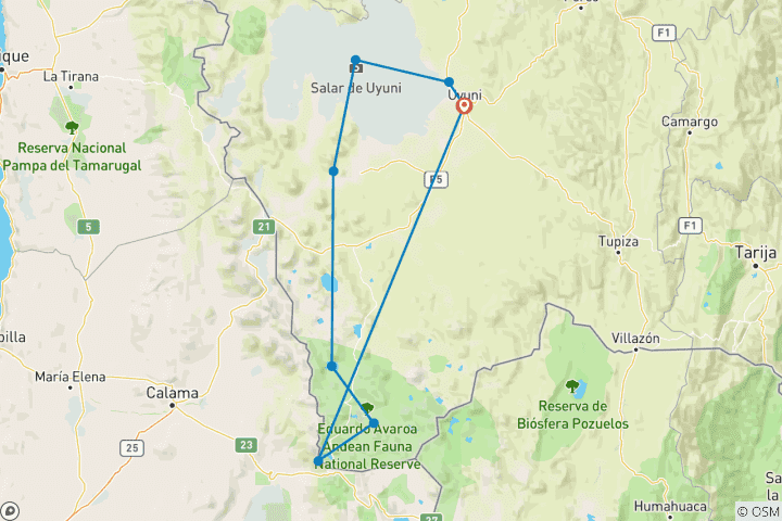 Mapa de Aventura definitiva en Uyuni: Excursión en grupo de 3 días por el Salar y las impresionantes lagunas