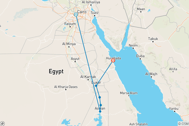 Map of 10 Days in Egypt: Cairo (GEM) Wonders, Nile Cruise & Hurghada Beaches