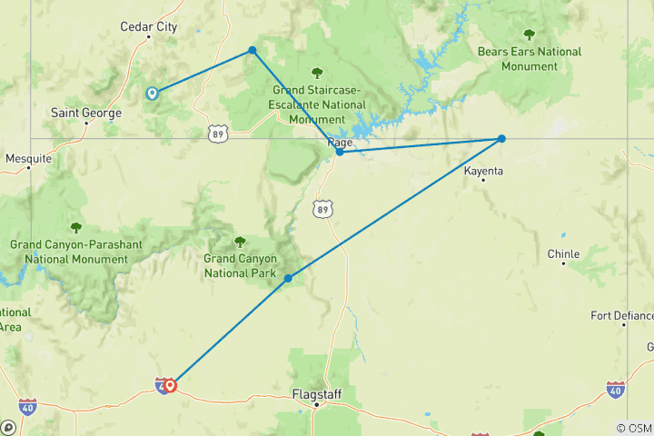 Karte von Grand Canyon, Antelope Canyon, Bryce, Zion, Monument Valley & Horseshoe Bend - 3 Tage