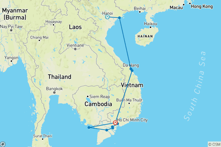 Carte du circuit Le circuit incontournable du Vietnam en 14 jours : Hanoï, Sapa, la baie d'Halong, Da Nang, Hoi An et Hô Chi Minh-Ville – Circuit en groupe haut de gamme