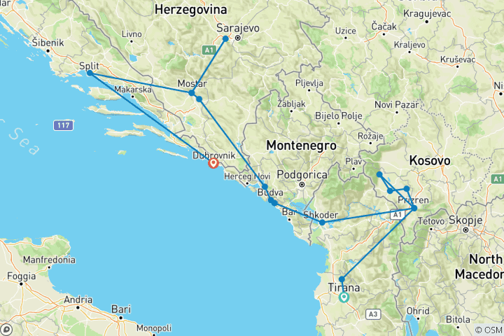 Mapa de Tirana a Dubrovnik / Split; Semi - Recorrido privado con guía y coche dedicados