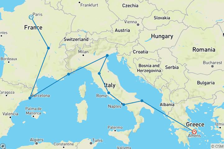 Carte du circuit Londres - Athènes (Standard, Départ Paris)
