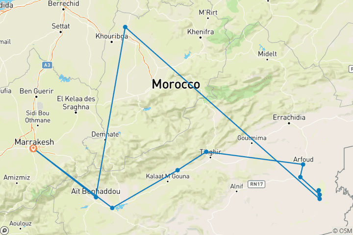 Karte von Marokko Sahara Grand Tour: Marrakesch, Atlasgebirge & Luxus-Wüstencamp - 6 Tage