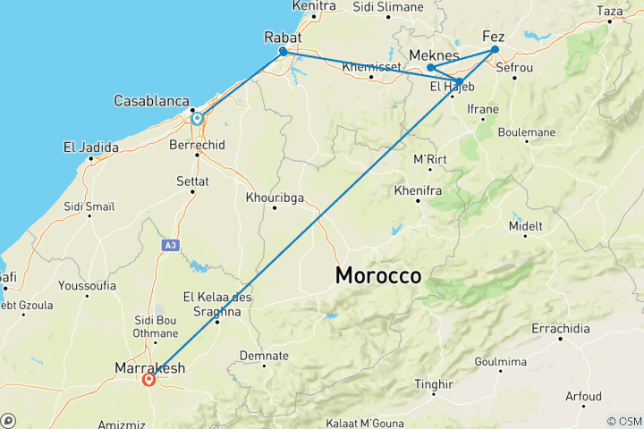 Karte von Marokko Highlights: Casablanca, Rabat, Fes & Marrakech - Imperial Cities Tour (6 Tage)
