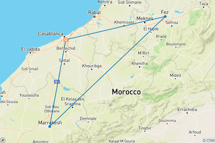 Karte von Luxuriöse Nordmarokko Tour - Casablanca, Fes & Marrakesch | 7 Tage
