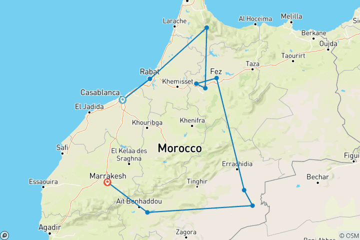 Karte von Ein Geschmack von Marokko: Casablanca nach Marrakesch - Wüste und Königsstädte - 8 Tage