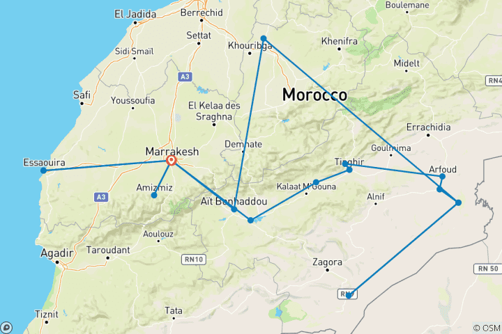 Karte von Marrakesch, Sahara-Wüste, Atlas-Wanderung & Atlantikküste - 8 Tage