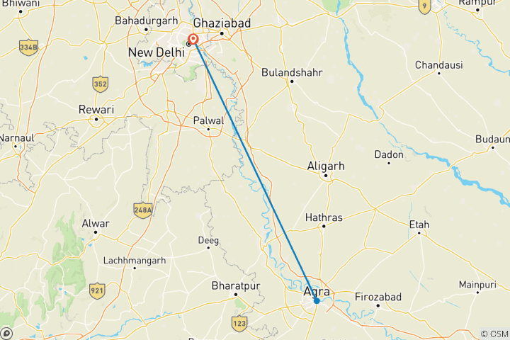 Carte du circuit Depuis Delhi : excursion d'une journée au Taj Mahal et à Agra en train rapide indien