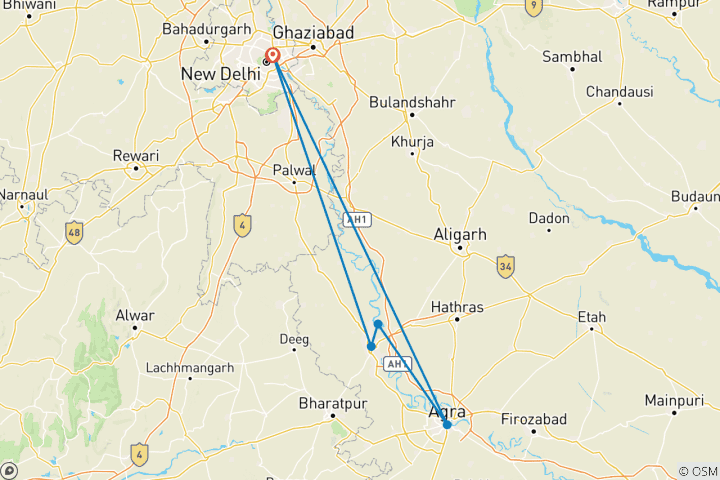 Mapa de Viaje a Delhi, Agra, Mathura y Vrindavan