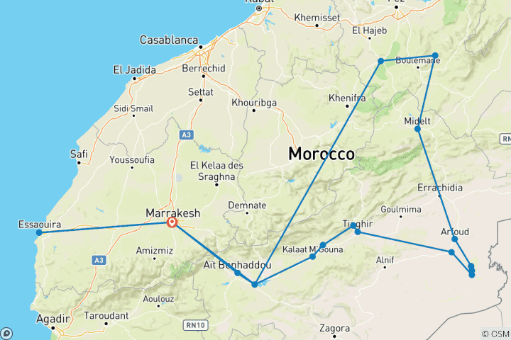 Karte von Flucht nach Südmarokko - Marrakesch, Sahara & Atlasgebirge (9 Tage)