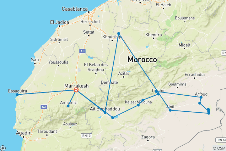 Mapa de Marrakech, gran circuito por el desierto, senderismo y costa - 10 días